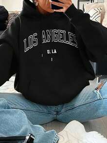 Letter-Printed Drawstring Hoodie,With Thermal Lining,Suitable For Graduation Season,Back-To-School Season,Teacher's Day,Women's Style,Back-To-S - 黑色 - 查看 8