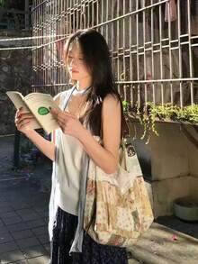 開學季大容量蕾絲肩背托特包，多功能時尚復古校園包，可折疊，適合大學生通勤與外出使用 - 彩色 - 查看 5