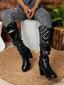 Black Ruched Slouch Knee High Boots, Double Buckle Block Heel Riding Boots, Punk Style Side Zipper Over-The-Calf Boots For Fall Winter - Black - View 6