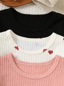 Conjunto de 6 piezas para niñas: Camiseta de manga larga con cuello redondo de unicolor acanalado y estampado de corazones, y pantalones multicolor. Conjunto de manga larga lindo para primavera/otoño para niñas - Multicolor - Ver 3