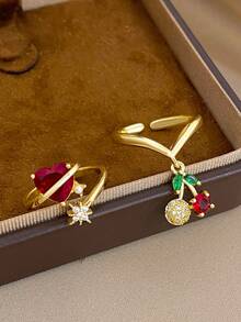1Pc/Set Sweet Cute Cherry Charm Heart Red Zirconia Open Ring Gold Jewelry Set,For Women,Daily,Party,Anniversary,Valentine Birthday Gifts,Christmas,Y2K - Multicolor - View 2