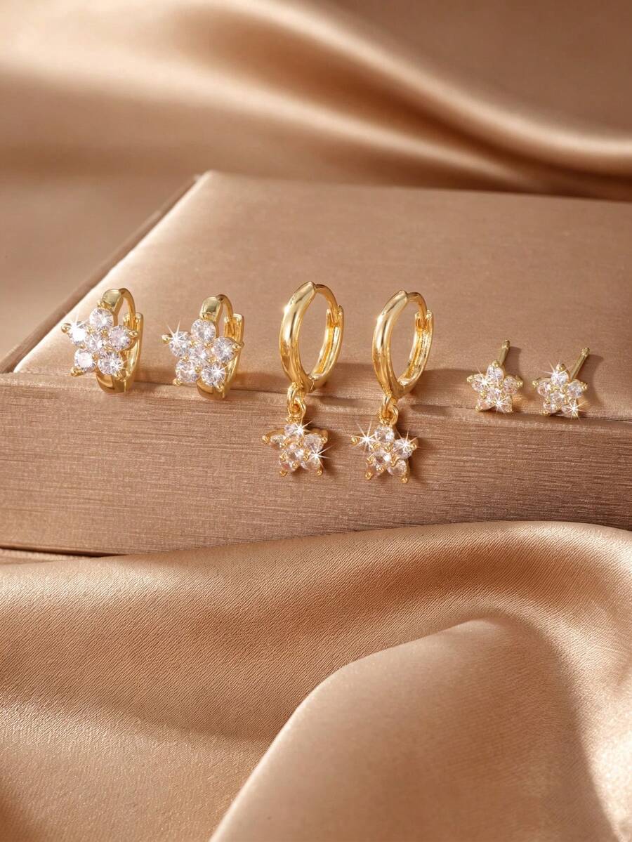 GEREIT 6PCS Copper Inlaid Zirconia Flower Earrings Set - Flowers - View 1