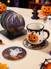 1 Set Halloween Wooden Coasters, Halloween Gothic Style Non-Slip Coasters, Halloween Decoration, Halloween Party Decoration, Halloween Trick Or Treat Decoration, Scary Halloween Decoration, Ghost BOO/Pumpkin/Witch Pattern Coasters, Home Decor, Tabletop Decor - Halloween Mix - View 4