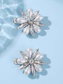1 Pair French Style Silver Pearl Rhinestone Flower Hair Clips For Women, Daily Commute Updo Side Clips, Gentle Elegant Versatile Travel Photo Accessory, Exquisite Alligator Hair Clips - Silver - View 7