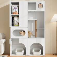 Cat Litter Box Cabinet, Pet Cabinet, Pet Storage Unit, Cat Tree, For 2 Litter Boxes, With Scratching Post And Resting Area, For Cats And Dogs, White, 140 X 45 X 195 Cm - one-size - View 3