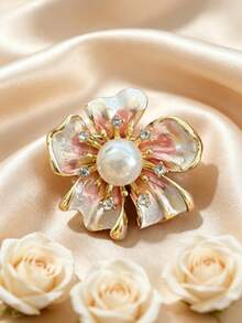 1Pc Sparkly Rhinestone Petal Flower Shape Pearl Inlaid Lapel Pin, Retro Chic Versatile Brooch, Jewelry For Ladies Daily & Gathering Wear - Floral Style B Pink - View 12