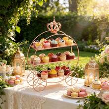 3-Tier Crown Cake Stand With Wheels – Rose Gold Carriage Cupcake Display Rack For Wedding, Afternoon Tea & Birthday. Non-Food Contact Metal Dessert Tower, Sturdy Pastry Holder & Elegant Tabletop Decor - 玫瑰金 - 查看 2