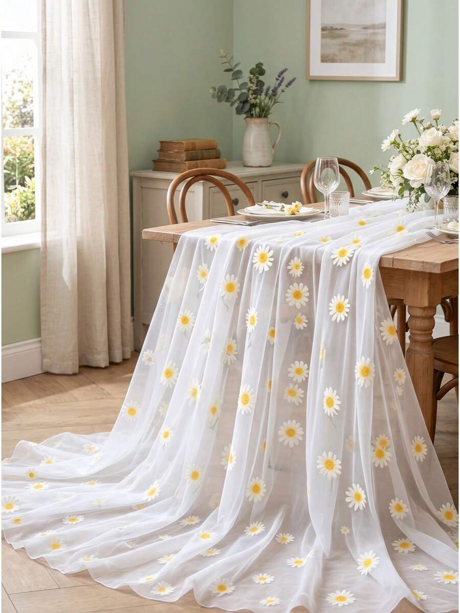 1pc Daisy Rectangular Table Runner, 75cm*180cm Mesh Table Runner, Suitable For Country Wedding Reception, Wedding Banquet, Birthday Decoration, Home Decor, Floral Theme Party Decoration, Baby Shower, Dining Table Decor