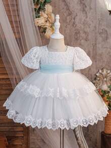 Baby Girls Square Neck Lace Embroidered Tulle Cute 1st Birthday Dress Suitable For Wedding Party, Fabric Pattern Randomly Cut, Headband Not Included - White - View 1