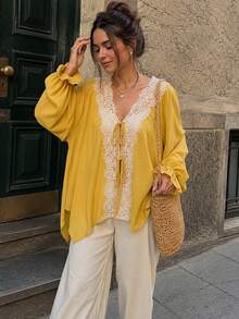 Lace Top Spring Summer Tops For Women Vacation Outfits Fall Bishop Sleeve Shirts Classy Yellow Shirt Women's Tops Old Money Style Blouses Loose Top - Ginger - View 2