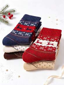 5 Pairs Christmas Reindeer Fair Isle Mid-Calf Socks, Vintage Snowflake Knit Women's Thick Terry Socks - Multicolor - View 3