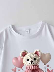 Plus Size Women's Cute Teddy Bear Balloon Print Short Sleeve T-Shirt Casual White Summer - White - View 5