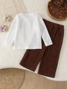 2pcs Girls (Infant) Casual Gentle Minimalist Style 3D Floral Decor Round Neck Long Sleeve Top & Double Bow Straight Leg Pants Set, Spring/Autumn Thin - White - View 2