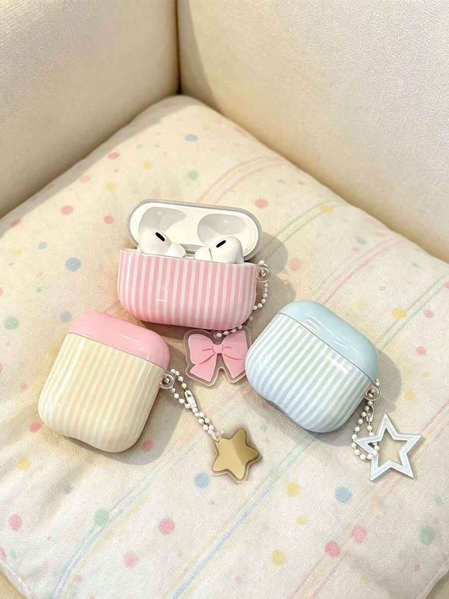 1 buah Casing Earphone Minimalis Warna Pink/Biru/Kuning dengan Garis-garis Warna Solid dan Liontin Bintang/Pita, Kompatibel dengan Pro 3, Pro 2, dan Apple 4, Casing Earphone Minimalis Lucu untuk Anak Perempuan Generasi 1/2. - MultiWarna - View 1