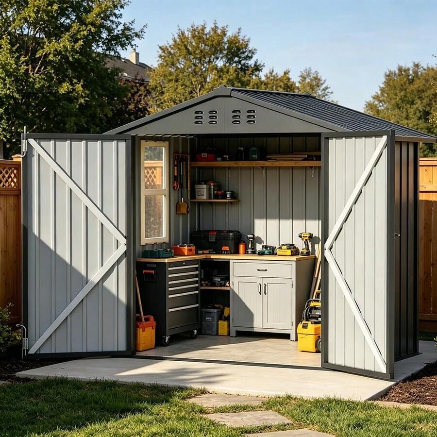 Light Grey Metal Outdoor Storage Shed, Windowed Garden Tool Organizer Container, Lockable Backyard Equipment Holder, Ventilated Weather Resistant Patio Utility Workshop, Lawn Supply Storage - Light Grey - View 1