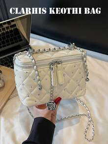 Quilted Diamond Pattern Small Square Crossbody Bag, Embellished With Tiny Sparkling Rhinestones, Zipper Closure Design, Leather Strap With Metal Chain And Rose Pendant, Elegant Luxury Style, Mini Lipstick Storage Bag For Evening Parties And Dates - White - View 1