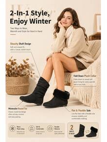 Flat Round Toe Slip-On Boots With Foldable Collar And Fur Lining, Comfortable Versatile Winter Boots For Office, Commute And Daily Wear - Black - View 4