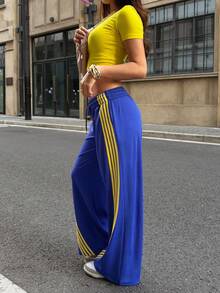 SDNGED Women's Casual Daily Colorblock Side Stripe Drawstring Waist Vacation Pants - Blue - View 4