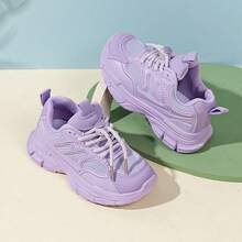 1 Pair Girls' Sports Shoes, New Style Kids' Chunky Sneakers With Double Mesh Breathable Anti-Slip Design For Spring And Autumn, Comfortable Casual Running Shoes For Big Kids And Teen Girls, Size Runs Small, Recommend Ordering One Size Up - Purple - View 3