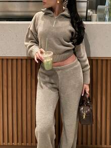 MORI Autumn/Winter Light Khaki Half-Zip Cropped Sweater & Pants 2 Pieces Set Women's Outfit For Coffee Date - Oat - View 6