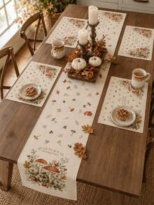 Autumn Mushroom Pattern "Autumn Blessing" Desktop Linen Table Flag+Placemat Set, Natural Style Home Decoration Table Flag, Foldable And Easy To Care For Kitchen Countertop Placemat, Autumn Decoration, Preferred Kitchen Supplies. - Multicolor - View 5