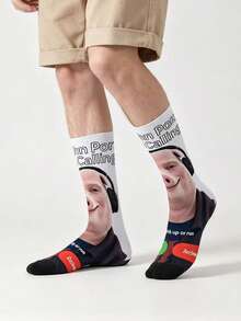1 par de calcetines de media caña con estampado divertido de John Pork, calcetines creativos con interfaz de llamada entrante, calcetines largos de estilo callejero europeo y americano - Multicolor - Ver 4