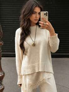 Damen Neuer Herbst/Winter Aprikose Vintage Rundhals Langarm Strickpullover, klassischer Old Money Stil Schulanfang Outfit Herbst - Aprikosenfarben - Übersicht 6