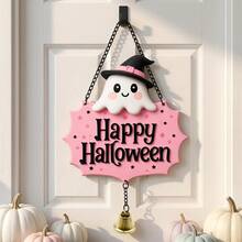 Cute Pink Halloween Wooden Door Hanger, Witch Hat Ghost Welcome Sign, Star Decor With Chain And Bell, Front Door Holiday Decoration - Multicolor - View 2