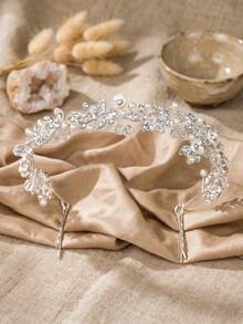 1pc Floral Crystal Pearl Bridal Headband, Handmade Wedding Tiara Hair Band With U Pins, Elegant Leaf Rhinestone Hair Accessory For Bride Wedding Party - Multicolor - View 6