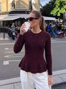 Women's Burgundy Knitted Ruffle Top, Pearl Decor, Round Neck Long Sleeve Regular Length Medium Stretch Autumn Sweater - Brown - View 2