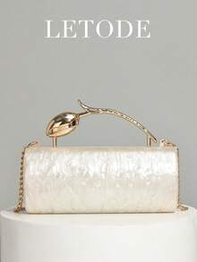 Rectangular Black Shoulder Bag, Smooth Synthetic Leather, Women's Party Handbag, Detachable Strap, Sophisticated Style, Minimalist Handbag, For Her - Beige - View 3