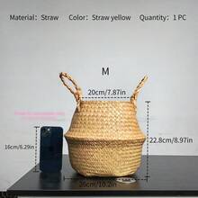大型手工編織海草植物盆，可折疊收納籃附手柄與盆蓋，自然波希米亞風室內/室外客廳露台花園裝飾 - 草黃(附提手款) - 查看 13