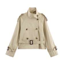 MUMRAP Jaket Wanita Musim Gugur Kerah Tegak Kancing Polos Lengan Panjang Gaya Jalanan dengan Sabuk - Khaki - View 4