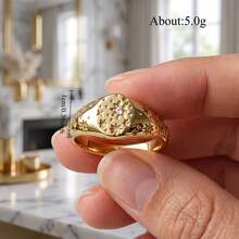 Vintage Gold Starburst Signet Ring With CZ Stone Celestial Jewelry For Women Gold Tone Celestial Engraved Signet Ring Star Pattern Stackable Band Ring - Gold - View 5