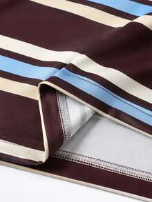 1pc Tween Boys Casual Versatile Vintage Classic Collegiate Style Three-Color Striped Fashion Design Long Sleeve Small Collar Loose Fit POLO Sweatshirt Spring/Autumn - Brown - View 5