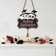 Cute Pink Halloween Wooden Door Hanger, Witch Hat Ghost Welcome Sign, Star Decor With Chain And Bell, Front Door Holiday Decoration - Multicolor - View 8