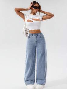 Calça Wide Leg Pantalona Marmorizada  Jeans Feminina Cintura Alta  Sem Laycra Levanta Bumbum PLUS Size Tam 36 ao 54 - Lavagem clara - Visão 5