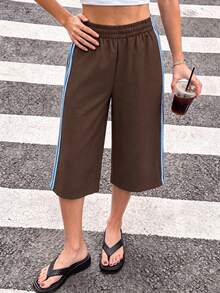 Sodalemon Women's Colorblock Loose Casual Sports Capris, Elastic Waistband, Side Pockets, Training Fitness Workout Shorts - Coffee Brown - View 5