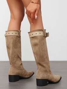 Buckle Strap Knee-High Boots Plus Size Women Wide Shaft Square Toe Vintage Western Cowboy Boots - Khaki - View 5
