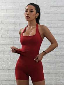 女款戶外運動套裝：背心 + 短褲，適合日常穿著，修身顯瘦，提臀設計，輕盈透氣 - 紅色 - 查看 4