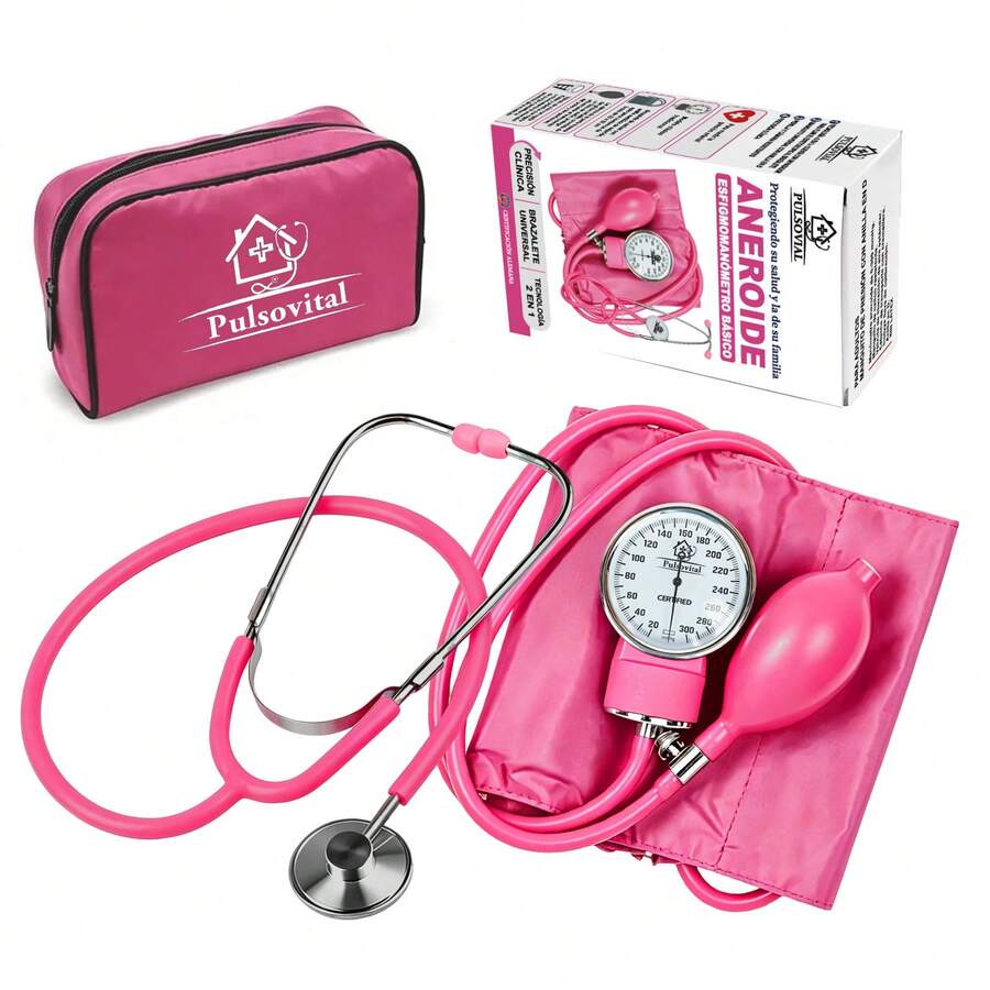 Kit Pulsovital Esfigmomanómetro Aneroide + Estetoscopio, Baumanómetro Manual para Adultos Brazalete 22-32cm, Color Rosa, Incluye Estuche de Almacenamiento - Rosa - Ver 1