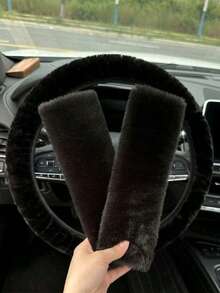 3pcs/Set Car Plush Steering Wheel Cover And Shoulder Protector, 3 Pieces Set, Suitable For Spring, Autumn, Winter Use. - Multicolor - View 3