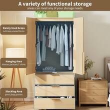 70 Inch Wooden Wardrobe Armoire Bedroom Storage Cabinet Freestanding Closet With Three Drawers Hanging Rod Adjustable Shelves Large Capacity Furniture Natural Oak - Natural - View 4