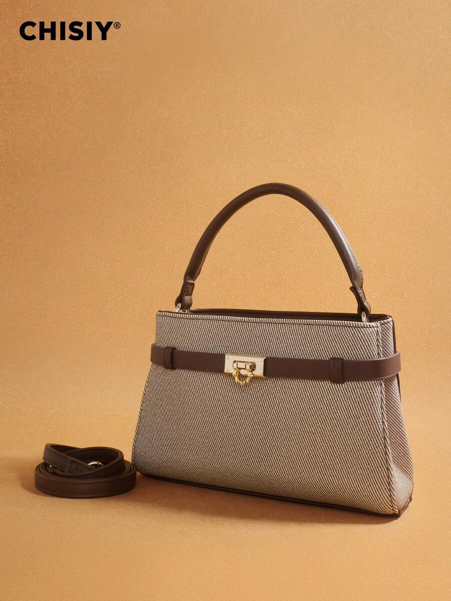 Original New Exquisite Elegant White & Brown Colorblock Handbag, Vintage Box-Shaped Bag, Textured Lock Closure Small Square Bag, With Detachable Shoulder Strap, Suitable For Workplace Commute, Date, Party, Valentine's Day Gift - Mocha Brown - View 1