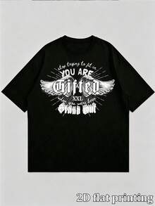 Men's Vintage Gothic Wing Letter Graphic Print Oversized Short Sleeve T-Shirt, Casual Loose Drop Shoulder Crew Neck Streetwear Tee, Comfortable Summer - Black - View 4