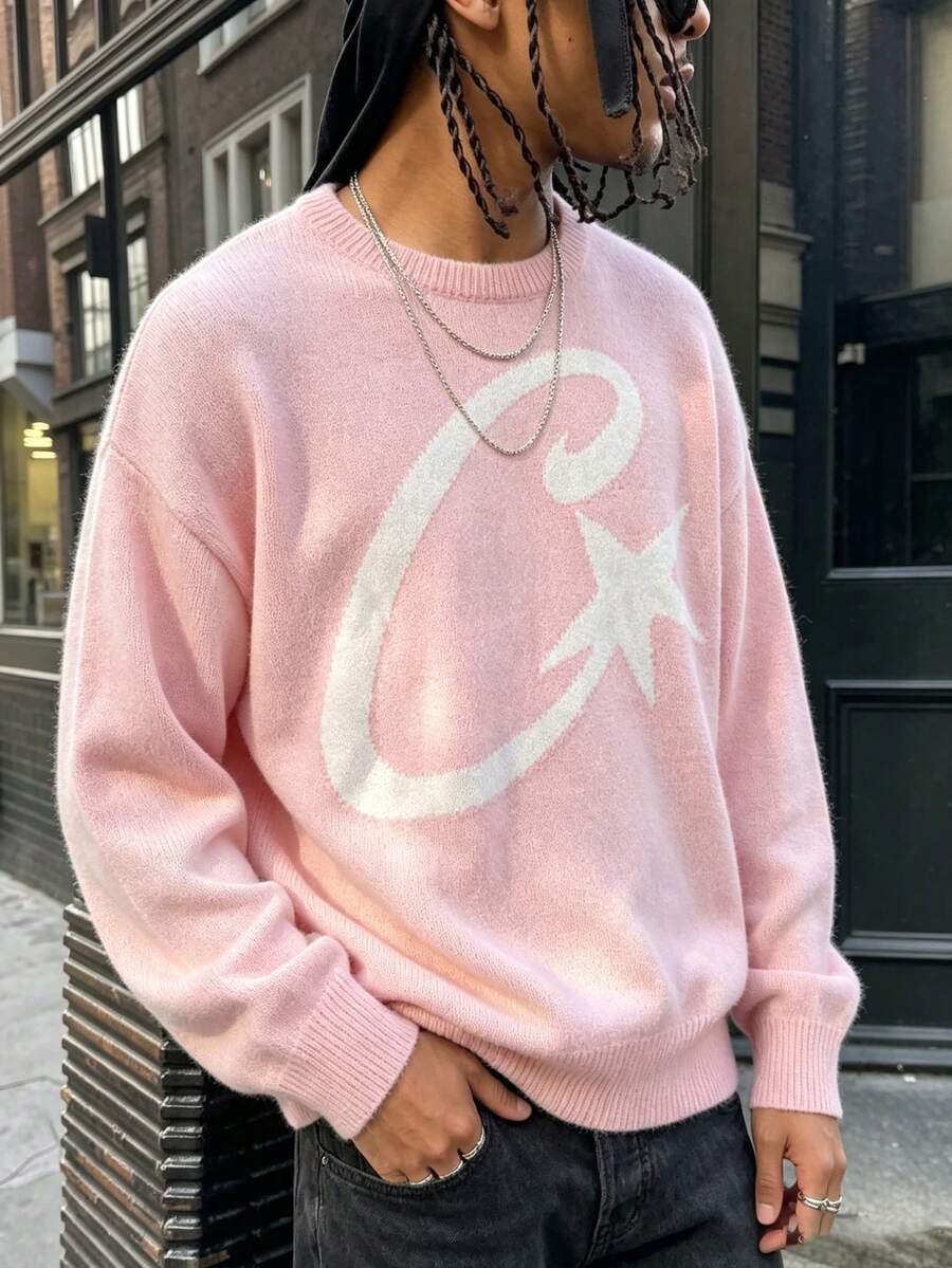 ANDREILEE 春秋冬通用中性高街時尚休閒寬鬆長袖圓領復古美式星星圖案輕便舒適針織套頭衫 - 粉色 - 查看 1