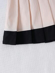 Girl's Back To School Contrast Color Round Neck Bow Pearl Button Long Sleeve Top And Pleated Skirt Set, Fashionable Elegant Party Gathering - Apricot - View 9