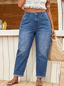 Plus Size Washed Denim Mom Jeans, Cropped Length With Pockets And Zipper, Suitable For Daily Wear, Fashionable And Versatile - Blue - View 4