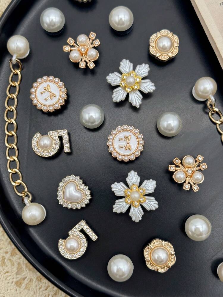 20pcs 6-Petal Flower Shoe Charms DIY Detachable Shoe Decorations ABS Pearl Chain Shoe Accessories Suitable For Wooden Clogs Women Sandals Slippers Beach Shoes, Holiday Gift - Beige - View 7