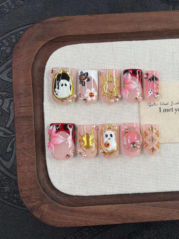 10 Stücke/Set Y2K Nägel handgefertigt, süße Nägel, rosa Nägel, goldene Nägel, 3D goldene Spinnen-Nägel & Leoparden-Nägel, perfekt für Partys & täglichen Gebrauch. Kurze quadratische Nägel. Handgefertigte Press-On Nägel quadratisch, künstliche Nägel, Acryl-Nägel, kurze Nägel, Halloween-Nägel